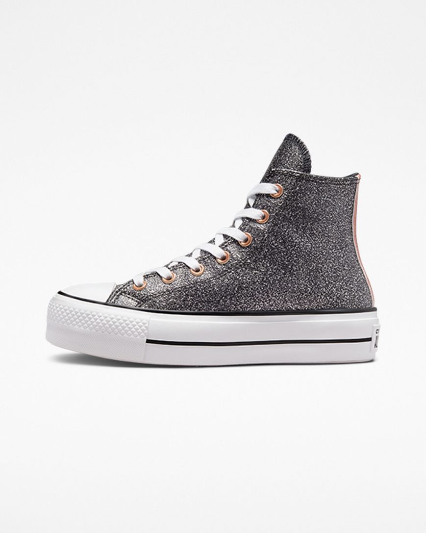 Topanky Na Platforme Converse Chuck Taylor All Star Lift Metallic Glitter Vysoke Damske Čierne Meď Biele | SK AYQZI0